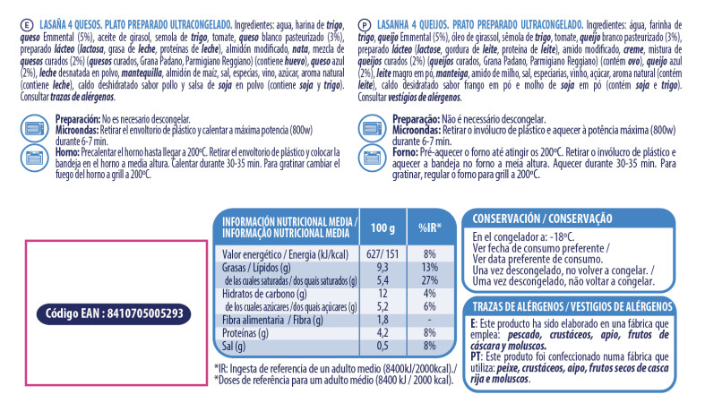 Lasaña de 4 Quesos (1ud X 280g)